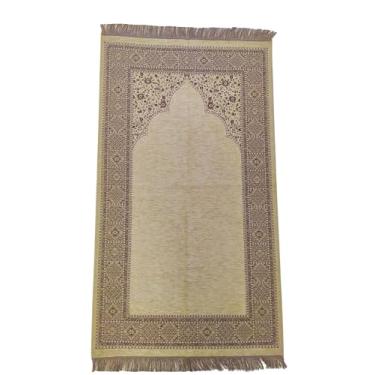 Imagem de rolezyum | Tapete de oração muçulmano otomano com contas de oração Janamaz Sajadah Tapete de oração islâmica | Presente de contas de oração (creme)