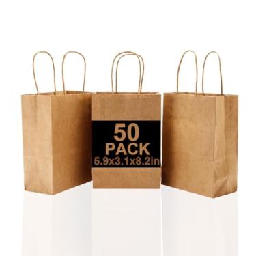 Imagem de KTKDE 50 sacos de papel 15 x 8 x 20 cm, sacolas de presente, sacolas de festa, sacolas de varejo, sacolas de compras, sacolas de mercadorias, sacos de papel Kraft marrom reciclado com alças a granel