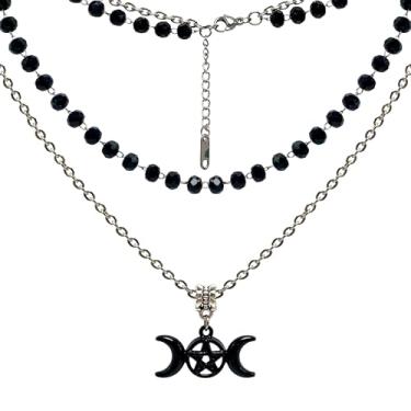 Imagem de TAMAWire Colar de cruz em camadas com liga de zinco e contas, colar gótico, colar de contas em camadas para mulheres, colar de contas pretas, joias góticas (contas de sol e lua em camadas), Medium,
