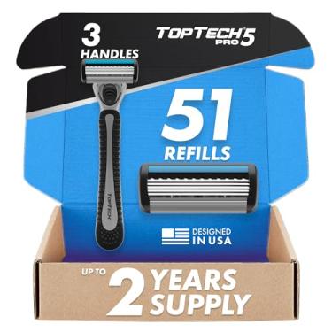 Imagem de Aparelho de Barbear Masculino Toptech PRO 5 - Barbeador Manual com Refis - Pacote com 54 Unidades (3 Cabos + 51 Cartuchos Refil), Tecnologia de 5 Lâminas - Lâminas Afiadas - Refil econômico