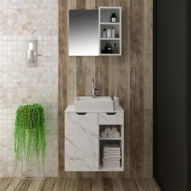 Imagem de Conjunto Lavabo com Espelho e Cuba Mármore Branco Tecno Mobili