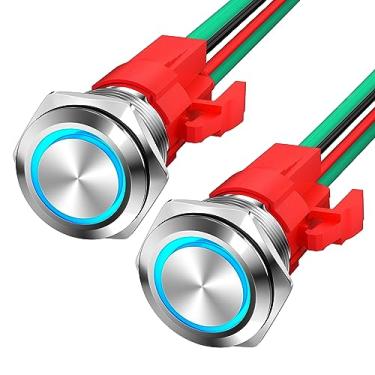 Imagem de Joinfworld Interruptor de botão de travamento de 12 V 20A resistente DC 12 volts interruptor redondo à prova d'água 16 mm anel LED azul metálico iluminado interruptor liga/desliga com pré-fio para