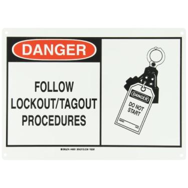 Imagem de Brady 46691 35,56 cm largura x 25,4 cm altura B-555 alumínio, preto e vermelho em branco sinal de alerta, cabeçalho "Danger", legenda "Follow Lockout/Tagout Procedures" (com Picto)