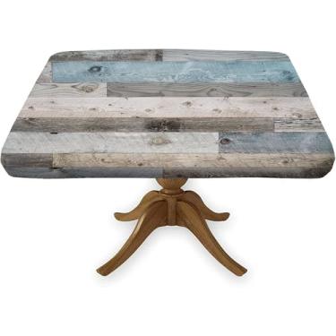 Imagem de Toalha de mesa quadrada rústica com borda elástica, capa de mesa de poliéster com textura de madeira de fazenda, para cozinha interna e externa, casa, jantar, pátio, adequada para mesa quadrada de 91
