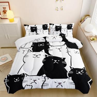 Imagem de Nttopship Jogo de cama casal com desenho de gato preto e branco com 2 fronhas, para decoração de quarto de crianças, meninos e meninas