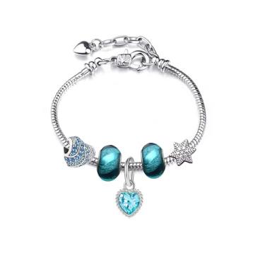Imagem de Pulseira com 5 Berloques Coração Azul -Banhada a prata Cabe Berloques de todas as marcas