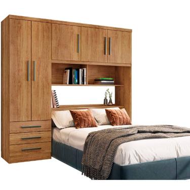 Imagem de Guarda Roupa Mexico Casal com Cabeceira Baú 5 Portas 3 Gavetas e Prateleiras Rud Rack Cor Cedro