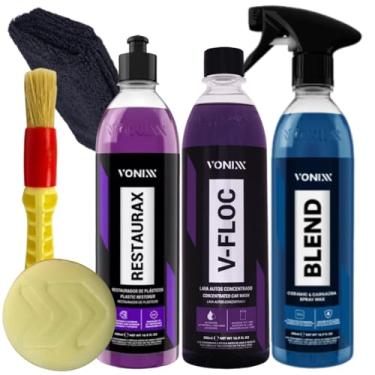 Imagem de Vonixx Kit Automotivo, Shampoo V-Floc 500ml, Restaurador de Plásticos Restaurax, Cera em Spray Blend, com Acessórios