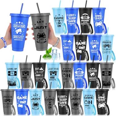 Imagem de Jingmore Conjunto de 24/48 peças de lembrancinhas de jogos inclui copos de plástico de videogame de 680 g com tampas e canudos e pulseiras de silicone, copos de plástico reutilizáveis para festa de