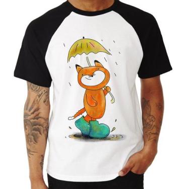 Imagem de Camiseta Raglan Raposa Fofinha Na Chuva - Foca na Moda, Branco, Preto,
