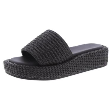 Imagem de TruFox Sandálias femininas com plataforma ráfia – Deslizadores de verão confortáveis com plataforma de palha sem cadarço, Raffia preta, 35