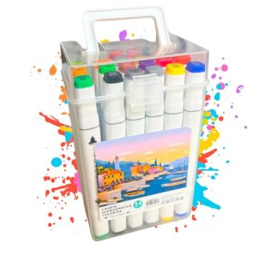 Imagem de Canetinha Ponta Dupla com Estojo para Colorir Kit de Canetas Escolar Marcador Coloridas Permanente Duas Pontas (24 CORES)