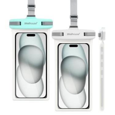 Imagem de wellhouse Bolsa impermeável para celular, capa impermeável para iPhone 16 15 14 13 12 Pro Max XS Samsung, IPX8 3D Cellphone Dry Bag Beach Essentials (pacote com 2 - verde e branco 7,0, 7 polegadas)