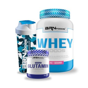Imagem de Kit Whey Protein Foods 2kg Morango + Premium Glutamin Foods 250g + Coqueteleira 600ml – BRNFOODS