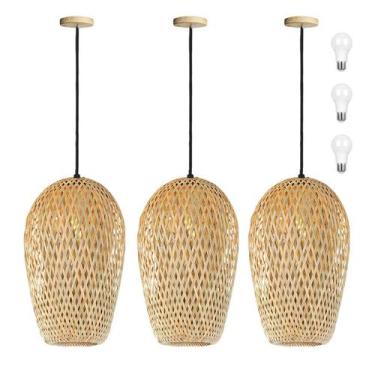 Imagem de 3 Pendente De Bambu Fibra Natural Cabeceira Nat63 + Led - Acende a Luz