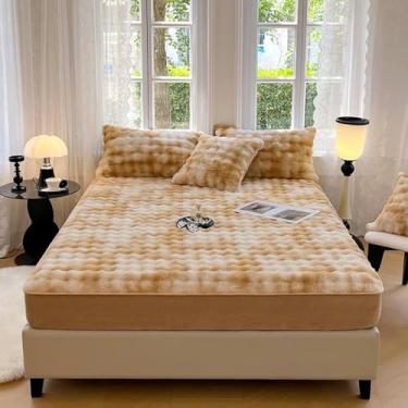 Imagem de Capa protetora de colchão à prova de poeira e flanela fofa de veludo, lençol com elástico, macio, quente, para quarto, com bolso profundo - cáqui |solteiro: 89 x 200 cm (1 peça)