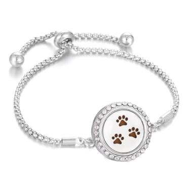 Imagem de BlingNuts Pulseira de aço inoxidável 316L com difusor de óleo essencial CZ com estampa de pata e medalhão de aromaterapia com 10 almofadas de refil para mulheres