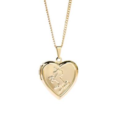 Imagem de Colar com medalhão com imagem de coração banhado a ouro 18K unicórnio lembrança foto memorial joia, Middle, Gema, Sem Pedra Preciosa