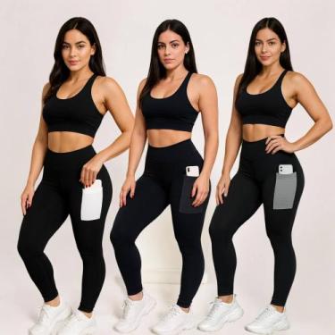 Imagem de Kit com 3 Calças Leg Legging COM BOLSOS Cintura Alta Fitness Treino Ca