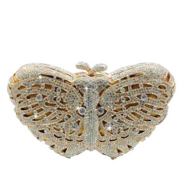 Imagem de Boutique De FGG Bolsa de mão borboleta Minaudiere feminina com strass, bolsa de mão para noite e casamento, bolsa clutch de cristal, mini, Ouro 8, Mini
