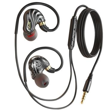 Imagem de Holiper 3,5 mm Dual Driver auriculares com cabo e microfone, capacetes In-Ear com gancho de orelha, graves potentes, controlo de volume e isolamento de ruído, 1,2 metros para corrida, desportos, PC
