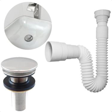 Imagem de Dona D Cor, Kit Sifão Flexível Sanfonado Universal Lavatório E Válvula Click 7/8 Inox Ralo De Pia Cuba Banheiro