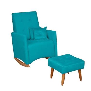 Imagem de Poltrona De Amamentação Com Balanço E Puff Lizzi Veludo Azul Turquesa 