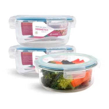 Imagem de Kit 3 Potes de Vidro Redondo com Tampa Hermética 620ml (Azul)
