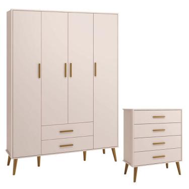 Imagem de Cômoda Gaveteiro E Guarda Roupa Infantil 4 Portas Isis Rosa Acetinado - Reller