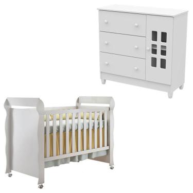 Imagem de Kit Berço e Cômoda Mirelle Mariah 1 Porta 3 Gavetas em MDF e MDP 154cm Branco Brilho Carolina Baby