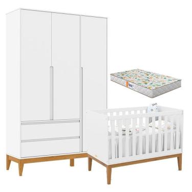 Imagem de Berço Americano Unique E Guarda Roupa 3 Portas Nature Clean Branco Soft Eco Wood Com Colchão Gazin