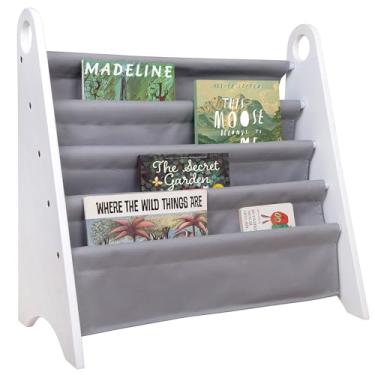 Imagem de Wildkin Kids Modern Sling Bookshelf for Boys and Girls, Wooden Design Features Two Top Handles and Four Fabric Shelves, Helps Keep Bedrooms, Playrooms, and Classrooms Organized (White and Grey)