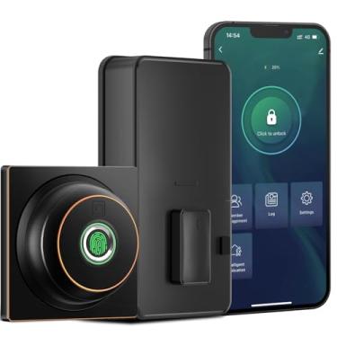 Imagem de GeekTale Fechadura de impressão digital com aplicativo, fechadura inteligente para porta da frente, fechadura de porta de entrada sem chave, parafuso morto biométrico, maçaneta eletrônica