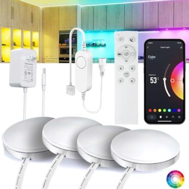 Imagem de YSRSAI Kit De 4 Luzes Redondas Alumínio Com Wi-Fi Rgb Para Armários, Funciona Alexa, Google Assistente, Aplicativo E Controle Remoto Rf 2.4G, Temporizador Luz Led Sincronização Musical Contador Regu