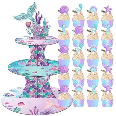 Imagem de Adirasenotek Suporte Para Cupcakes De Sereia 20 Com Toppers E Embalagens, 3 Camadas, Tema Oceano, Suprimentos Festa, Exibição, Festa Aniversário, Chá Bebê
