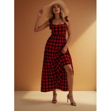 Imagem de Vestido Longo Xadrez Festa Junina Com Alças De Amarrar - Casual Dress,