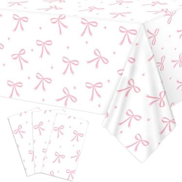 Imagem de Lianxuia 3 peças de toalha de mesa com laço rosa Coquette, 137 x 274 cm, decoração de mesa de plástico para festa de despedida de solteira, chá de bebê, suprimentos de festa de aniversário para