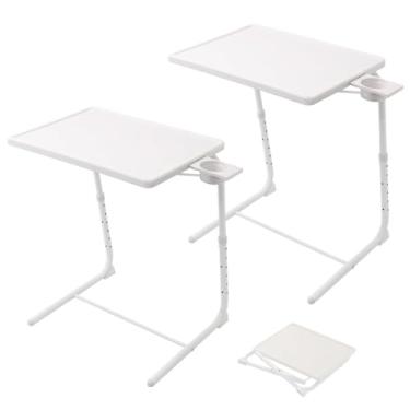 Imagem de Japard Bandeja de TV dobrável, mesa de jantar pequena para sofá de cabeceira com suporte para copos, conjunto de 2 bandejas de TV, 6 alturas ajustáveis e 3 ângulos de inclinação (branco - 2 peças)