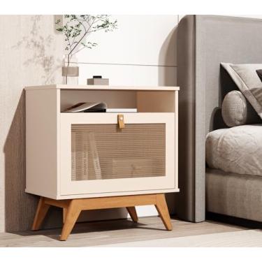 Imagem de Mesa De Cabeceira Camu New Modelo Retrô Com Porta Rattan Puxador em Couro - Loja Inova BR (Perola)