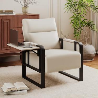 Imagem de Poltrona estofada para sala de estar, poltrona de couro sintético de meados do século, chinelo de sofá de recepção, cadeira de lounge, confortável para hóspedes, sofá individual com lateral para