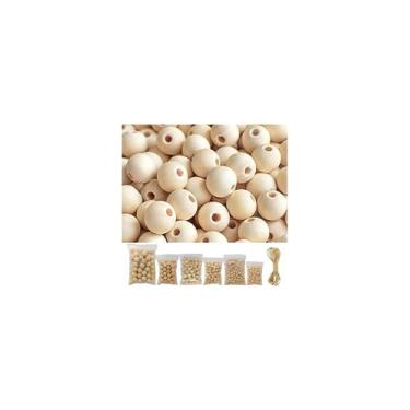 Imagem de 500 contas de madeira para artesanato - contas de madeira naturais redondas inacabadas - 6 tamanhos, 8 mm, 10 mm, 12 mm, 14 mm, 16 mm, 20 mm com fio de juta de 10 metros para guirlanda de macramê, fabricação de joias, decoração de casa de fazenda.
