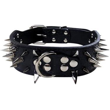 Imagem de Izefia Coleira para cães afiada cravejada luxuosa e acolchoada coleiras de couro para cães médios e grandes - 5 cm de largura colar antimordida (M, preto--SV)