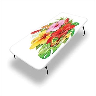 Imagem de Toalha de mesa retangular havaiana, buquê de flores de hibisco coloridas com pétalas de plumeria florescendo de borboleta, 76 cm x 152 cm, capa de mesa para mesa dobrável de 1,8 m, rosa amarelo