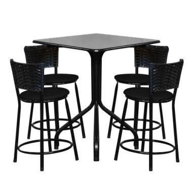 Imagem de Conjunto Mesa Quadrada 70cm Preta Com 4 Banquetas junco - Lamar Design