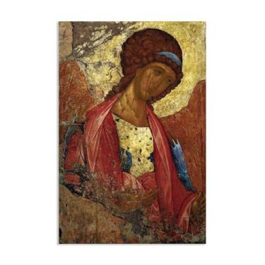 Imagem de Impressão artística em tela de São Miguel, o Arcanjo, pintura emoldurada esticada, pôster giclée, decoração de parede por Andrei Rublev 60 x 40 cm (24 x 16 pol) pôster