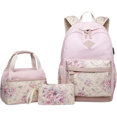 Imagem de Mochila Elegante Meninas Lona Saco Escolar Set - Mochila Escolar Floral, Mochila Laptop E Mochila De Viagem, Pink, A