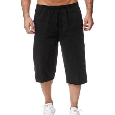Imagem de Shorts De Corrida Esportivos Para Homens Shorts De Linho Homens 3/4 Comprimento Joelho Algodão Shorts De Cintura Alta Masculino Calças Masculinas Longas