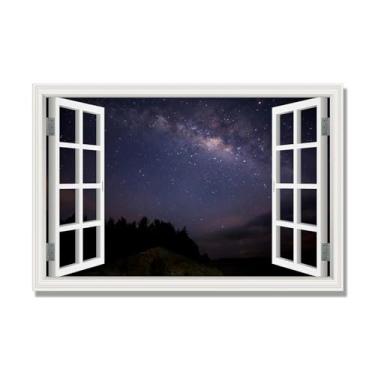 Imagem de Janela de arte de parede com impressão em tela. Visualização de janela falsa. Impressão de imagem natural em tela. Arte de parede para sala de estar (Céu estrelado à noite 05) Moldura interna 60 x 90