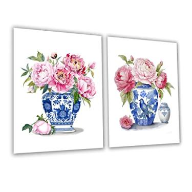 Imagem de Gnosis Picture Archive Pote De Gengibre Com Motivos Chinoiserie Azul E Branco Buquê Peônias Rosa, Pinturas Em Aquarela, Conjunto 2 Impressões Artísticas Sem Moldura