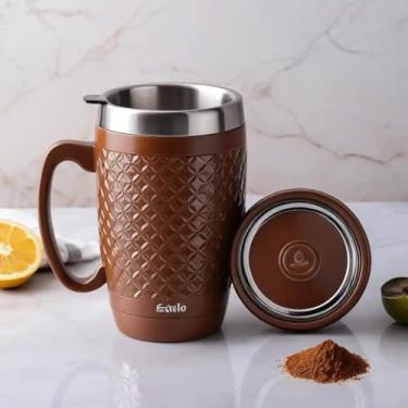 Imagem de Caneca Térmica Parede Dupla em Aço Inox Marrom 550ml com Tampa Rosqueável - Estilo Texturizado